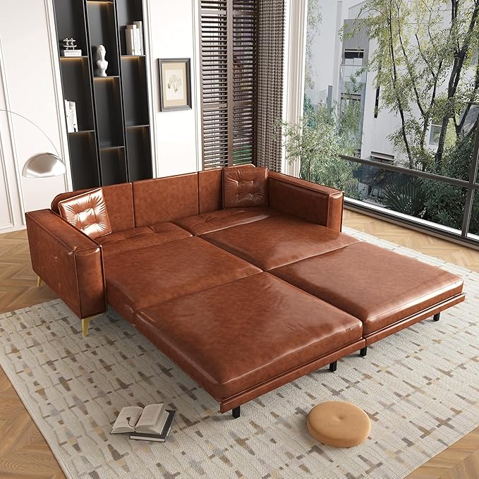 92.1King Size Pull Out Sofa Bed 3-in-1 Faux Leather Convertible Sleeper Sofa with Ultra Wide Armrests Tufted Modern Sofa with 2 Pillows for Bedroom Living Room (Orange Brown 92.1inch)
