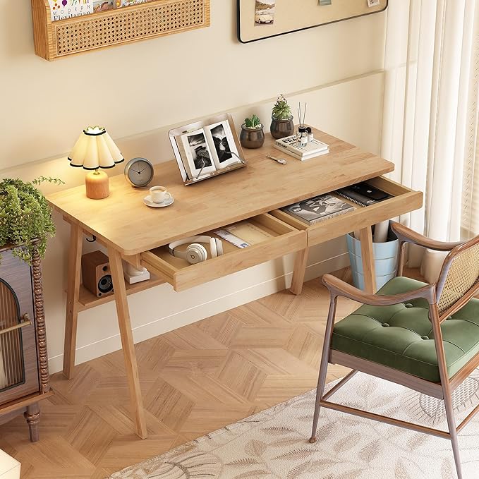 Solid Wood Desk with Drawers - 47.2 Inch Writing Desk with Drawers &amp Storage Shelf Simple Modern Study Table Home Office Computer Desks for Bedroom &amp Home Natural Boho Desks
