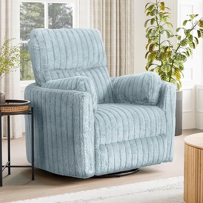 Furniture of America Vyrinor Modern Chenille Power 220° Swivel Recliner Chair with Pillows Reclining Glider Comfy Sofa Wooden Comfortable Couch for Living Room Nursery Home Theater Sky Blue
