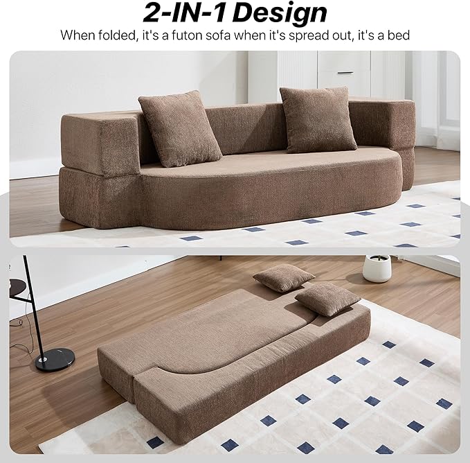 Folding Sofa Bed Convertible Futon Sleeper Bed 2-in-1 Foldable Floor Mattress with 2 Pillows Breathable High-Density Foam Lazy Couch Comfy Lounge Chair Brown