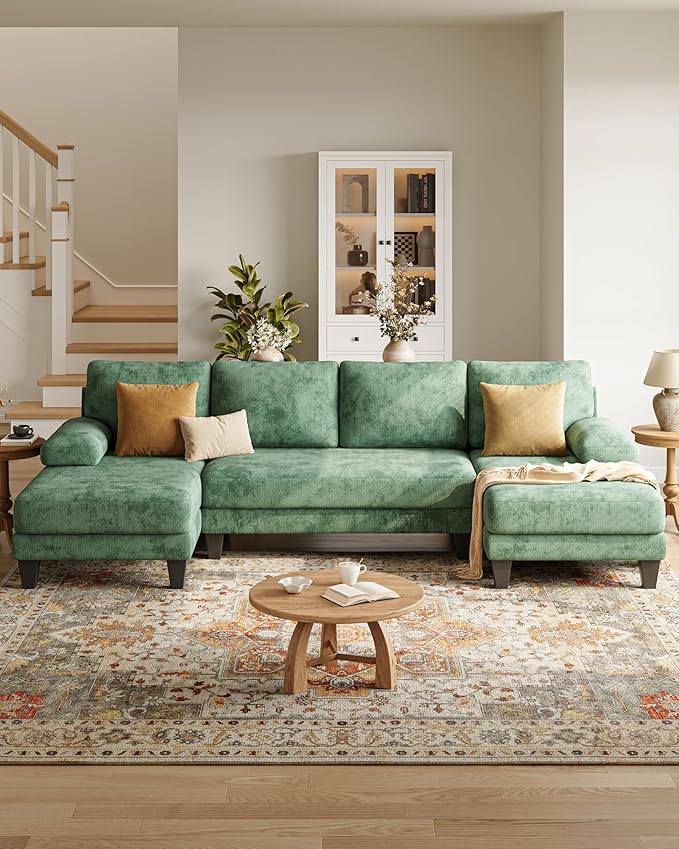 U-Shaped Sectional Couches for Living Room | Cheille Sofa with Double Chaise | 112 Inch Green Sectionals Couch for Apartment