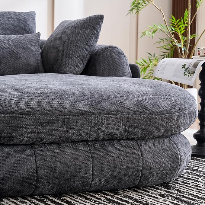 Oversized Chaise Lounge Indoor Deep Seat Boneless Sofa Bed with Throw Pillows Plush Chenille Fabric No Assembly Required Comfy Sleeper Sofa for Living Room Bedroom (Grey with Pocket)