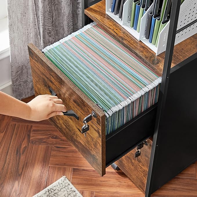 VASAGLE File Cabinet for Home Office 2-Drawer Filing Cabinet with Lock Open Shelf Printer Stand for A4 and Letter Sized Files Adjustable Feet Industrial Rustic Brown and Ink Black UOFC045B01