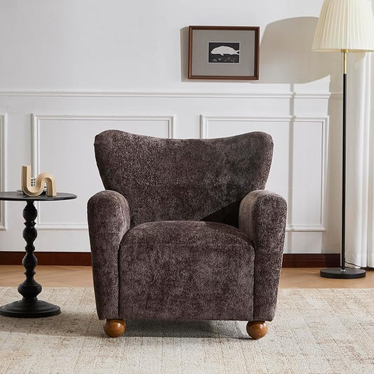 Christopher Knight Home Lindy Wingback Accent Chair Upholstered Armchair with Rounded Wooden Legs Curved Backrest Single Sofa Soft Cushion Seating Comfy Lounge Chair for Living Room Dark Brown
