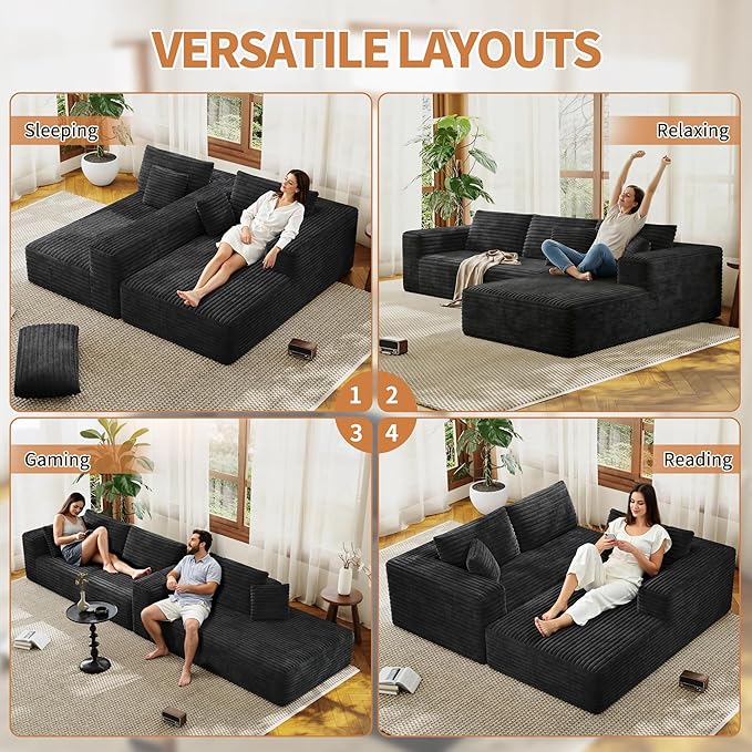 107 Modular Sectional Couches for Living Room Comfy L-Shaped Boneless Cloud Couch with Chaise Modern Deep Seat Corduroy Floor Sofa No Assembly Required (Right Facing Chaise Black) | High-density