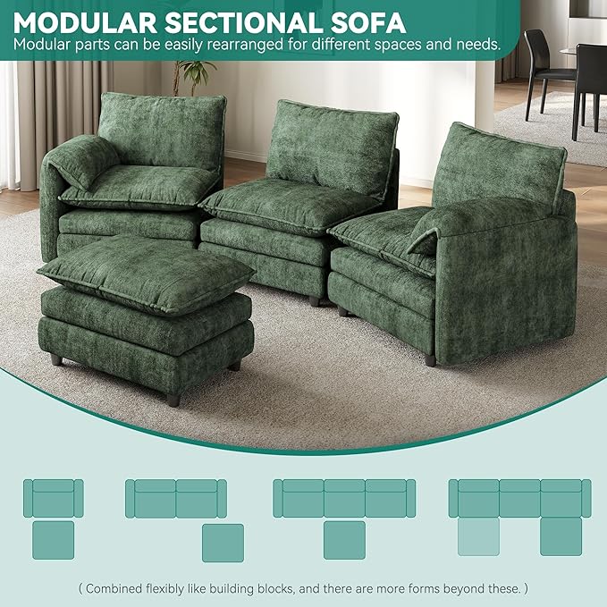 DWVO 108 Modular Sectional Sofa Modern L Shaped Couch with Movable Ottoman Pillow-Armrest Velvet 4 Deep Seat Cloud Couch for Living Room Green