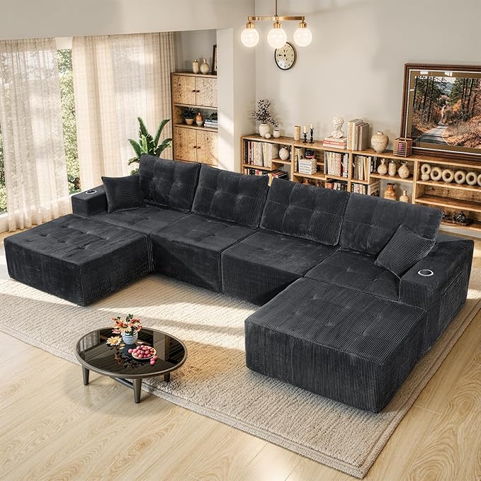 143 Modular Sectional Sofa for Living Room Convertible U-Shape Couch with Ottoman 6 Seater Modular Sectional SofaGary Corduroy