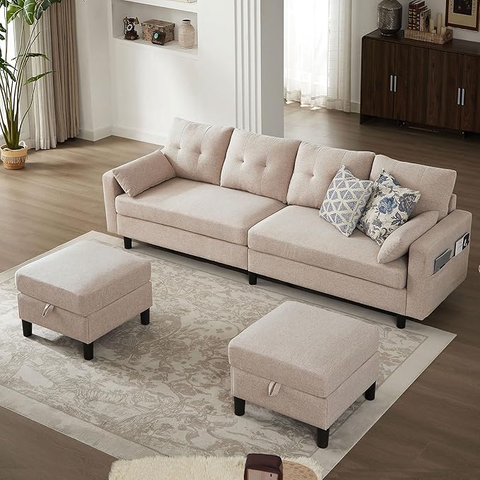 101 Convertible Sectional Sofa U-Shape Sofa Couch 4-Seat Couch with Storage Ottoman Comfy Linen Fabric Sectional Couches with Side Pocket for Living Room Apartment Office Beige