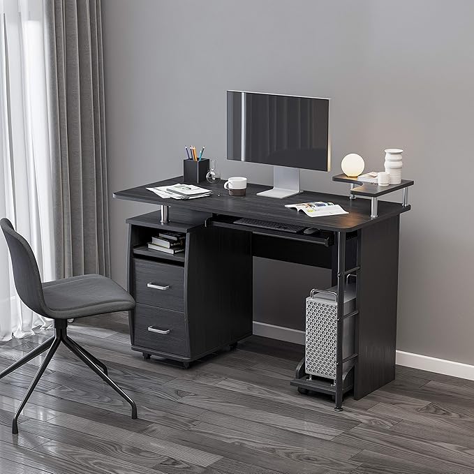 Computer Desk with 2 Storage Drawers Home Office Desk Writing Study Desk Storage Shelves and File Cabinet CPU Tray Black