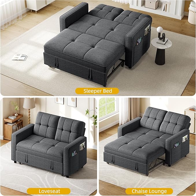 YITAHOME 55 Convertible Sofa Bed 3-in-1 Pullout Sofa Linen Sleeper Sofa with Reclining Backrest and Side Pocket Modern Futon Couch for Living Room Bedroom Apartment Grey