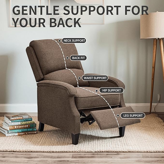 VKNOW Recliner Chair Fabric Recliner with Soft Armrest Home Theater Seating with Adjustable Push Back and Lumbar Support Single Sofa for Adults Lounge Chair for Living Room Bedroom（Brown）