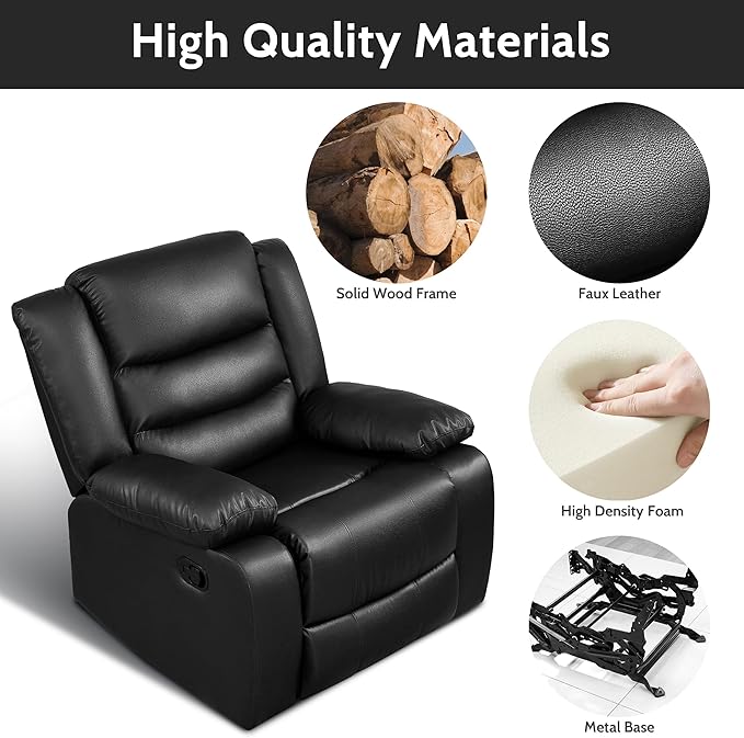 PrimeZone Oversized Rocker Recliner Chair - Comfy Wide Lazy Boy Recliner Chair with Overstuffed Armrest Faux Leather Manual Reclining Chairs for Living Room Bedroom Home Theater Black Set of 2