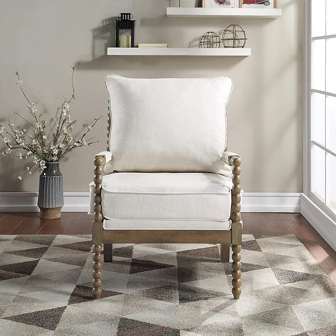 OSP Home Furnishings Fletcher Spindle Accent Chair with Rustic Brown Finish Linen Upholstery