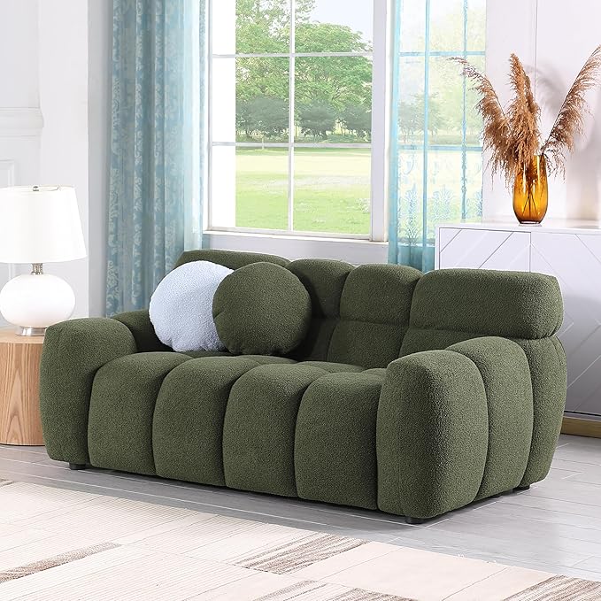 65 Modern Cloud Loveseat Sofa Couch Small Boucle Tufted Love Seat Comfy Upholstered 2 Seater Bubble Curved Sofa with 2 Accent Pillows for Living Room Bedroom Apartment Office Green