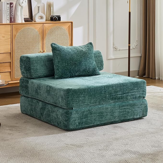 Folding Sofa Bed Convertible Floor Sleeper Chair Comfy Futon Floor Couch 2 in 1 Pull Out Single Boneless Sofa for Living Room Bedroom No Assembly (Chenille Dark Green)