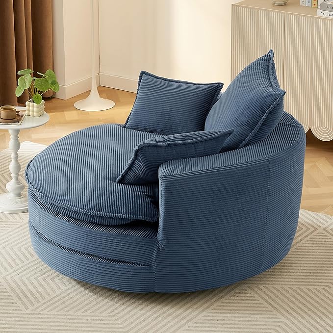 360° Swivel Sofa Chair Accent Barrel Chair 57.5 Swivel Round Chair with Dual-Layer Cushion Design and 3 Removable Pillows for Living Room Bedroom Office and Hotel (Blue)