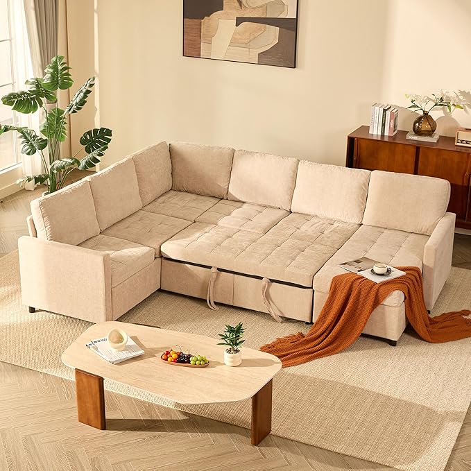 107 Sleeper Sofa Set of Modular Pieces with Pull Out Bed U Shaped Sectional Couch with Storage Extra Wide&ampDeep Seat Couches for Living Room Removable Sofa Cover Chenille-Flat White