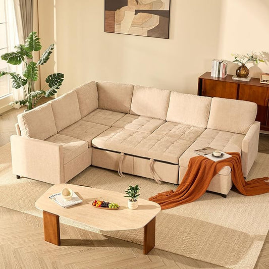 107 Sleeper Sofa Set of Modular Pieces with Pull Out Bed U Shaped Sectional Couch with Storage Extra Wide&ampDeep Seat Couches for Living Room Removable Sofa Cover Chenille-Flat White