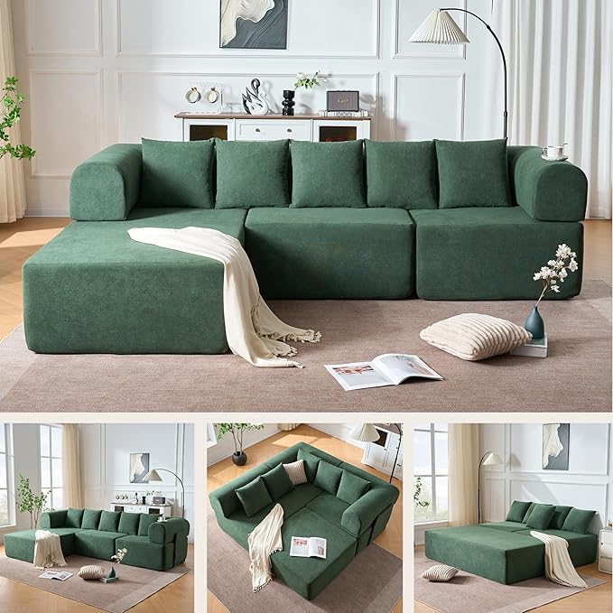 Boneless L-Shaped Modular Couch - 106 Inch Cloud Velvet Sectional SofaDeep Seating Comfort No Assembly Required Ideal for Apartments &amp Living RoomsGreen
