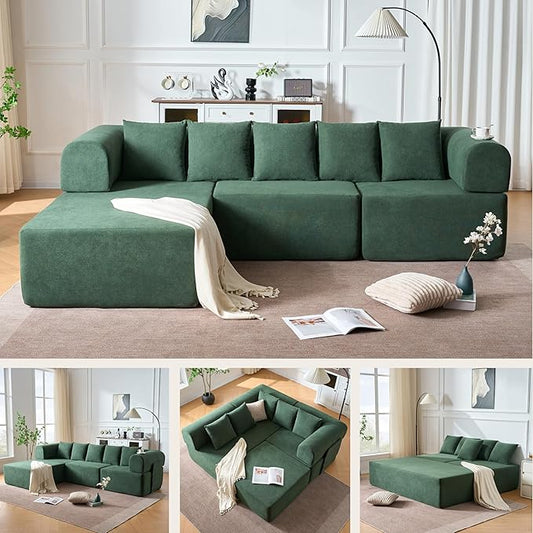 Boneless L-Shaped Modular Couch - 106 Inch Cloud Velvet Sectional SofaDeep Seating Comfort No Assembly Required Ideal for Apartments &amp Living RoomsGreen