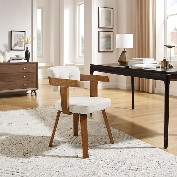 Art Leon Modern Dining Chairs - Set of 2 Mid Century Dining Chairs Fabric Upholstered Swivel Chairs Comfy Desk Chair No Wheels Accent Arm Chair for Kitchen Living Room Study Off White/Walnut