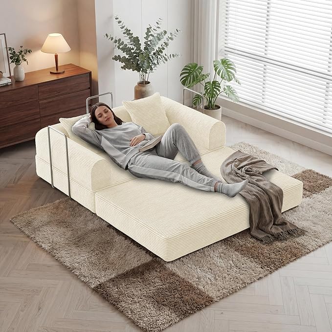 HouseMila 53.15 Convertible Sofa Bed4-in-1 Futon Sofa Bed Modular Loveseat Sleeper Folding Pull Out Couch with Pillows No Assembly Required Boneless Couch for Living Room Bedroom Guest RoomBeige