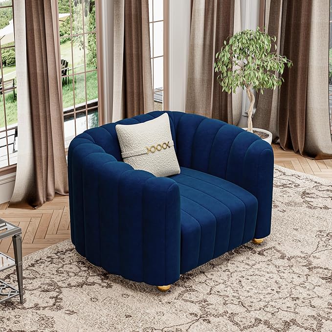 42 Velvet Sofa Chair for Living Room Modern Single Sofa with Gold Metal Sphere Legs (Blue-1 Seater)