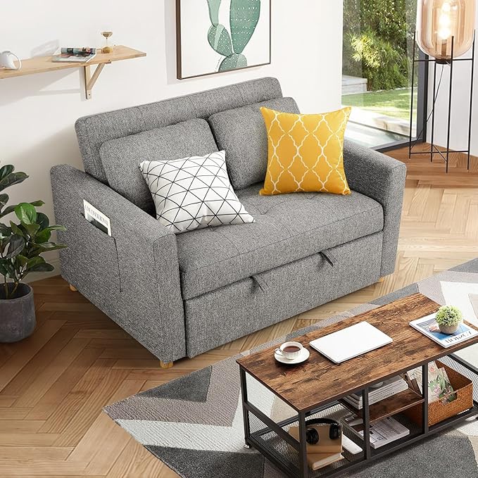 SEJOV Sleeper Sofa Pull Out Loveseat Sleeper with Adjustable Backrest 2-Seater Linen Fabric Couches for Small Spaces Futon Couch for Living Room Bedroom Apartment Rv Drak Grey
