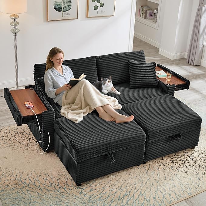 68 Cloud Loveseat with Ottoman Set USB Ports &amp Storage Wooden Side Table Comfy Plush Corduroy Upholstered Love Seat Modern Oversized Deep Seated Grey Sectional for Living Room Black