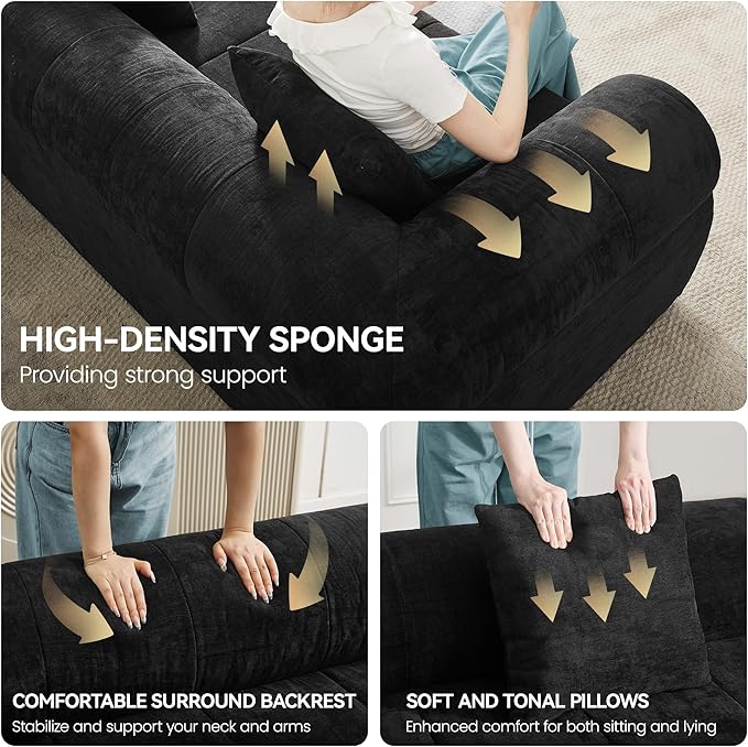 119'' Boneless Curved Sectional Couch Cloud Deep Seat L Shaped Sofa with Right Chaise LoungeModular Compression Couch for Living Room No AssemblyBlack