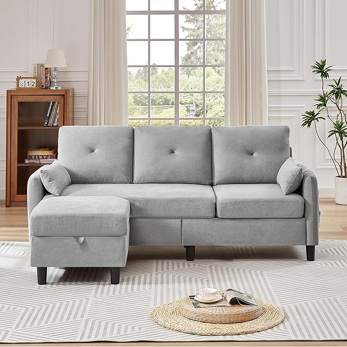 Convertible Sectional Sofa 77 Small L Shaped 3 Seat Couch with Reversible Storage Chaise Modern Polyester Fabric Sofa Couches for Living Room Apartment and Small Space Light Grey