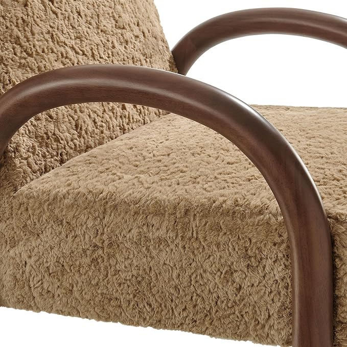 Modway Lunet Faux Shearling Upholstered Accent Chair in Sand – Modern Fuzzy Lounge Armchair with Arched Wood Arms