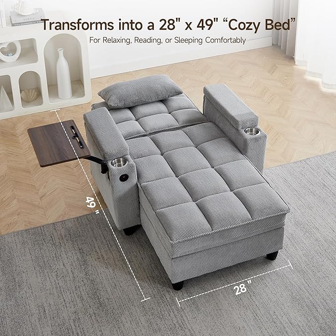 Single Modern Comfy Upholstered Chaise Lounge Sofa Chair with Rotating Side TableStoragePillowUSB Charging Ports and Adjustable Backrest Perfect for Living Room Small Spaces (Light Gray)