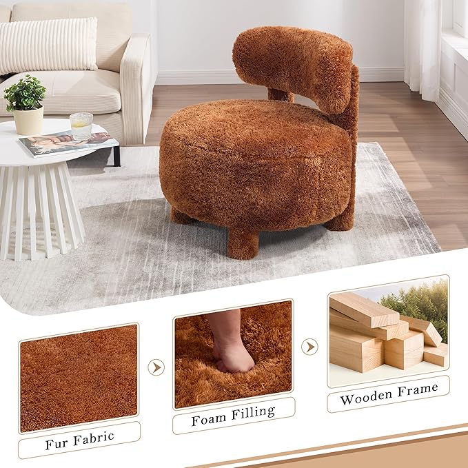 Modern Sherpa Accent Chair Upholstered Armless Slipper Chair Cute Furry Chairs with Curved Backrest and Solid Wooden Legs Side Chairs for Living Room Bedroom Reading Room (Fur Khaki)