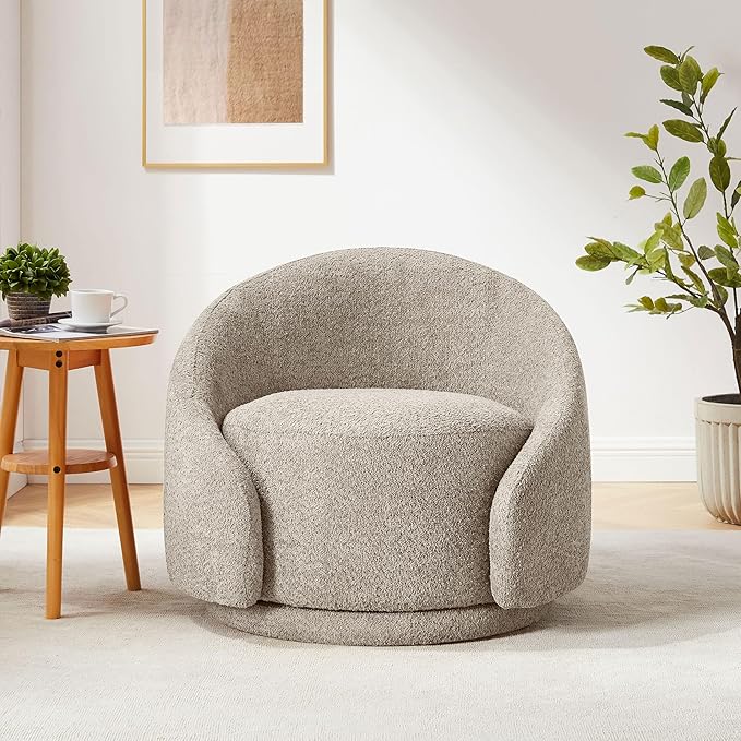VANOMi 360 Degree Swivel Barrel Chair Modern Living Room Chairs with Armrest Cozy Reading Chair for Adults Small Space Living Room Camel