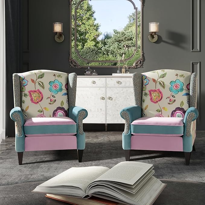 Jennifer Taylor Home Anya Eclectic Floral Patchwork Boho Chic Wingback Large Living Room Lounge Accent Arm Chair