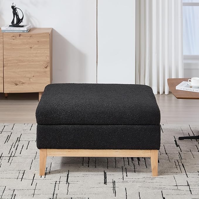 Wood Base Accent Arm Chair with Ottoman and Bolster PillowsStorage Footstool with Reversible Lid Coffee Table for Living Room Office (33.86W Black Foot Stool+Natural Base)