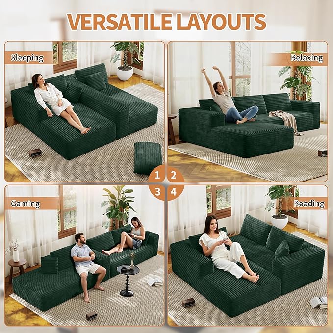 107 Modular Sectional Couches for Living Room Comfy L-Shaped Boneless Cloud Couch with Chaise Modern Deep Seat Corduroy Floor Sofa No Assembly Required (Left Facing Chaise Green) | High-density s