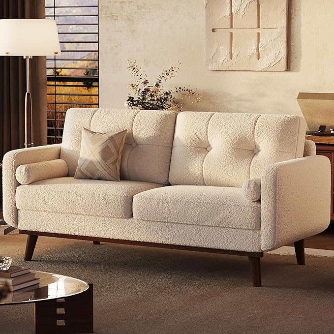 65 Mid Century Modern Couch Sofa Loveseat Comfy Love Seat Couches for Living Room 2 Seater Teddy Fleece Boucle Upholstered Deep Seat Couch for Bedroom Office Small Space Beige Cream