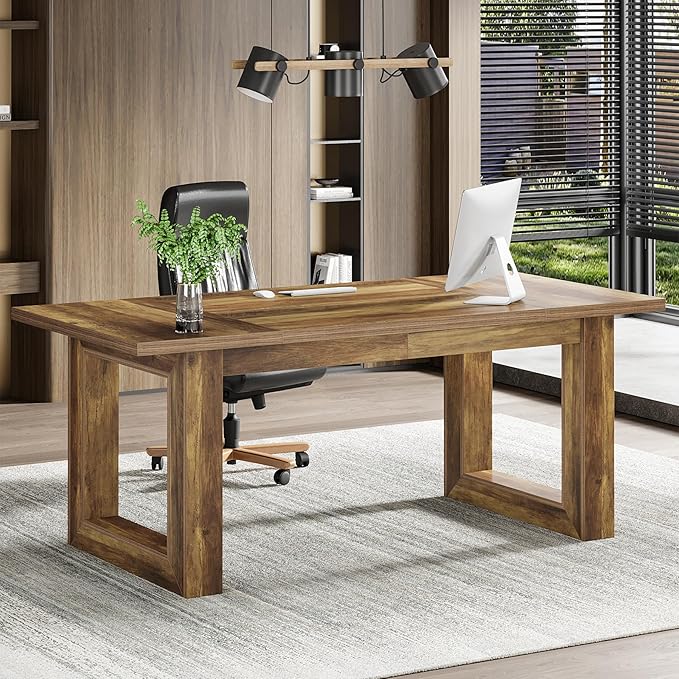 Tribesigns 63-Inch Wood Executive Desk Modern Office Desk Large Computer Table with Solid Wooden Base Work Desk for Home Office (Brown)