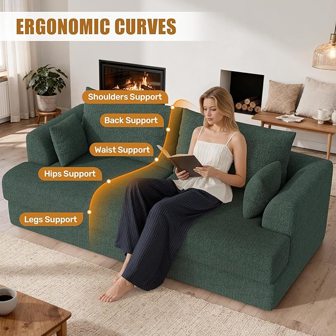 84” Loveseat Sofa Set of 3 Boneless Modular Sofa Couches for Living Room Cloud Couch with Deep SeatEasy Assembly for Small SpacesGreen