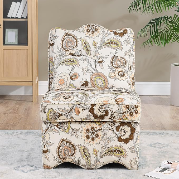 TTK Flannel Upholstered Accent Chair - Retro Single Sofa Chair with Floral Pattern Armless Lounge Chair with Removable Cushion &amp Pillow Comfortable Dining Chair for Living Room (Brown)