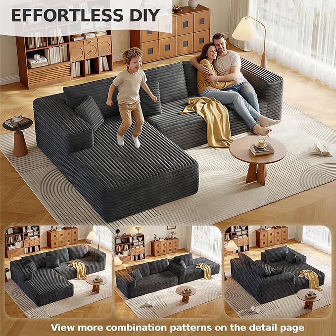 108.2 Modular Sectional Sofa with Deep Seat Boneless L Shaped Corduroy Couch Modern Comfort Cloud Couch Oversized for Living Room No Assembly (Left Facing Chaise Gray)