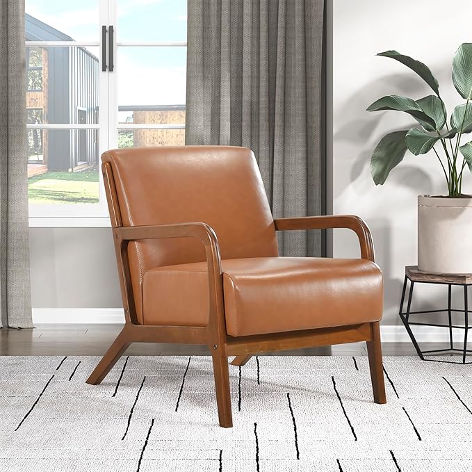 Lexicon Mid Century Modern Accent Chair with Solid Wood Frame and Legs Upholstered Living Room Chairs Comfy Club Chair Faux Leather Armchair for Living Room Bedroom Office Waiting Room Cognac Tan