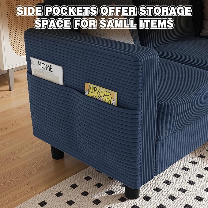 JAMFLY Convertible L-Shaped Sectional Sofa with Reversible Storage Ottoman 3-Seat Couch with Side Pockets Modern Compact Furniture for Small Apartments Studios &amp Lofts Blue