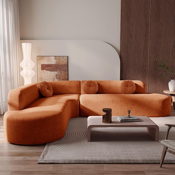 WILLIAMSPACE 122 Curved Sectional Sofa Cloud Round Couch with Elegant Back Design &amp 3 Round Cushions Modern Foam Floor L-Shaped Comfy 4 Seater Curved Couch No Assembly Orange
