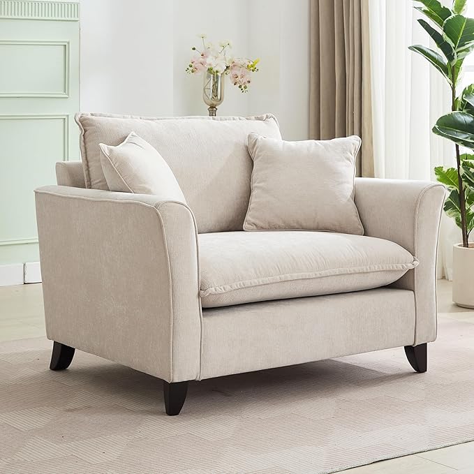 Merax 46.3 Chenille Accent Chair Oversized Reading Armchair w/2 Pillows Modern Corner Single Cloud Sofa Arm Chairs Comfortable Living Room Deep Cushion Seating for Office &amp Apartment White