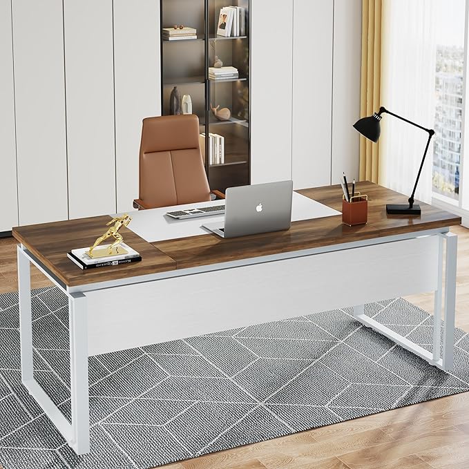 Tribesigns 63 Computer Desk Home Office Desk Writing Table for Workstation Modern Executive Desk with Sturdy Legs (Only Table) (Oak Karo &amp White)