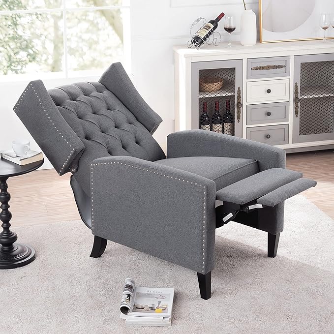 Pushback Recliner ChairComfy Wingback Recliner Sofa Chair with Adjustable BackrestTufted Fabric Accent Armchair with Vintage Rivets Trim for Living Room Office Home Theater (Gray-New)