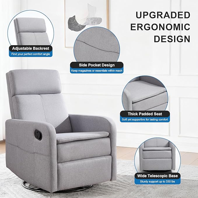 Swivel Rocking Recliner Chair for Adults Upholstered Fabric Glider Recliner Reclining Chair with Side Pockets and Double-Thick Cushion for Living Room Bedroom Nursery(LightGrey)